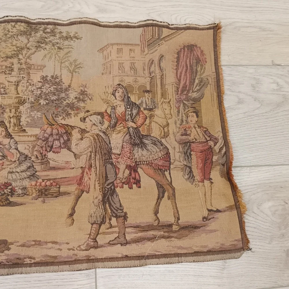 vintage Belgian wall hanging tapestry depicting dancing celebration town square